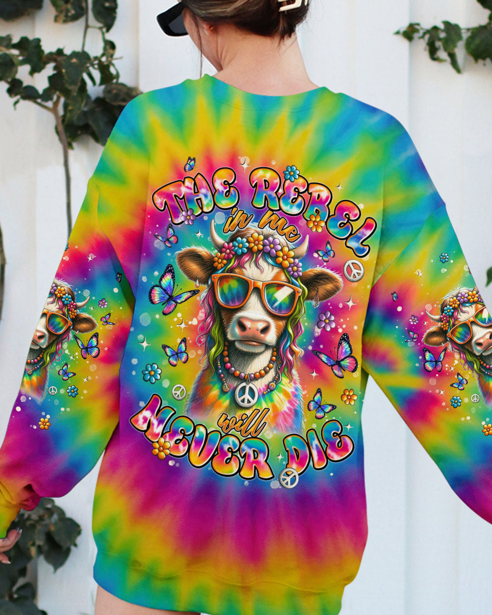 The Rebel in Me Will Never Die Colorful Tie Dye Hippie Cow Design with Peace Sign and Flowers AOP Shirts _ _7_ nskaP