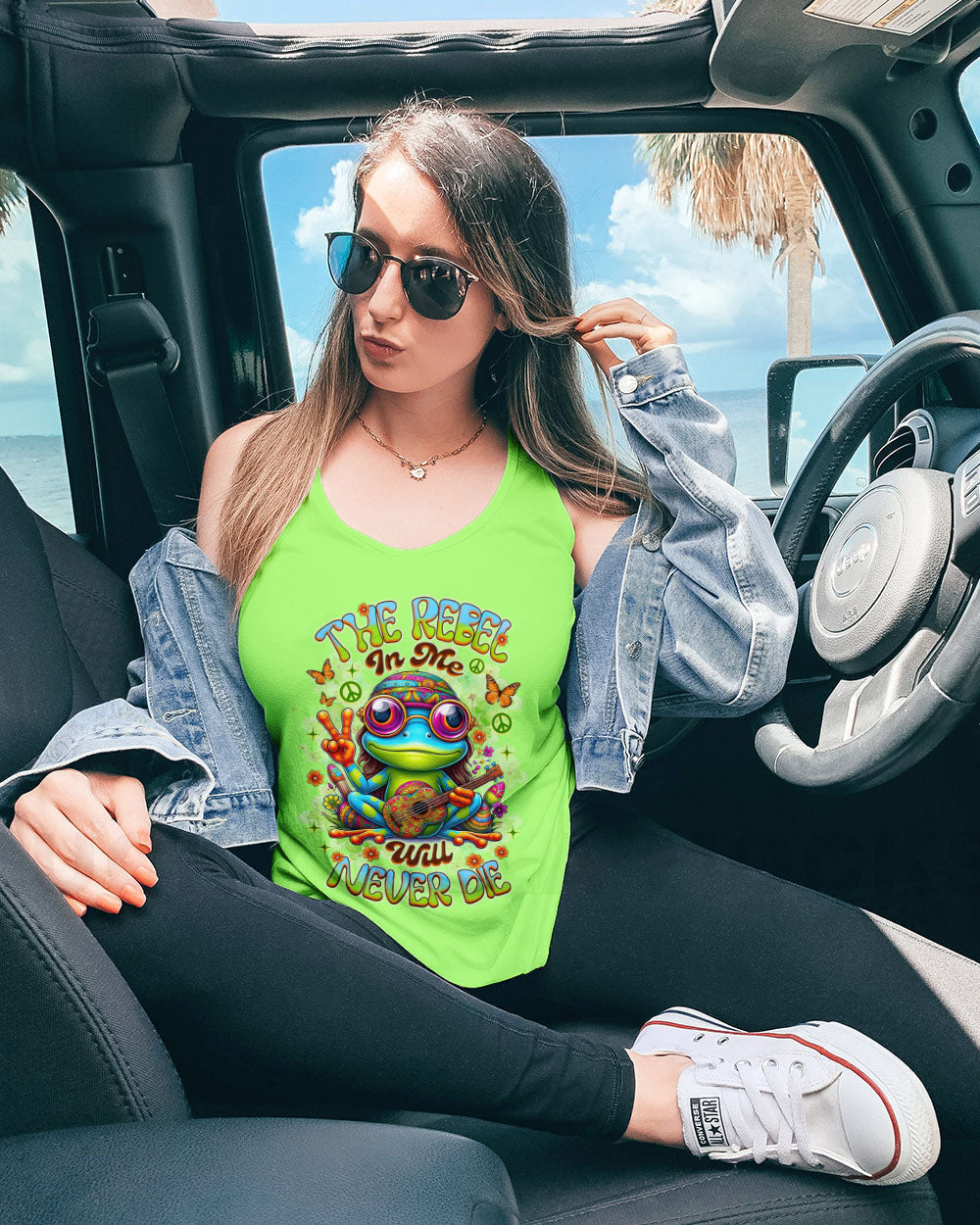 The Rebel in Me Will Never Die Hippie Frog Green with Peace Sign and Guitar Design AOP Shirts _1_ Fb9QM