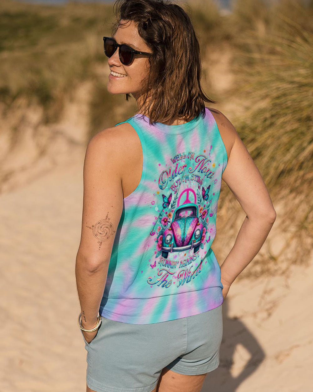 Well I_E2_80_99m Older Now but I_E2_80_99m Still Runnin_E2_80_99 Against the Wind Retro Car Tie Dye Design for Women AOP Shirts _14_ GLvWF
