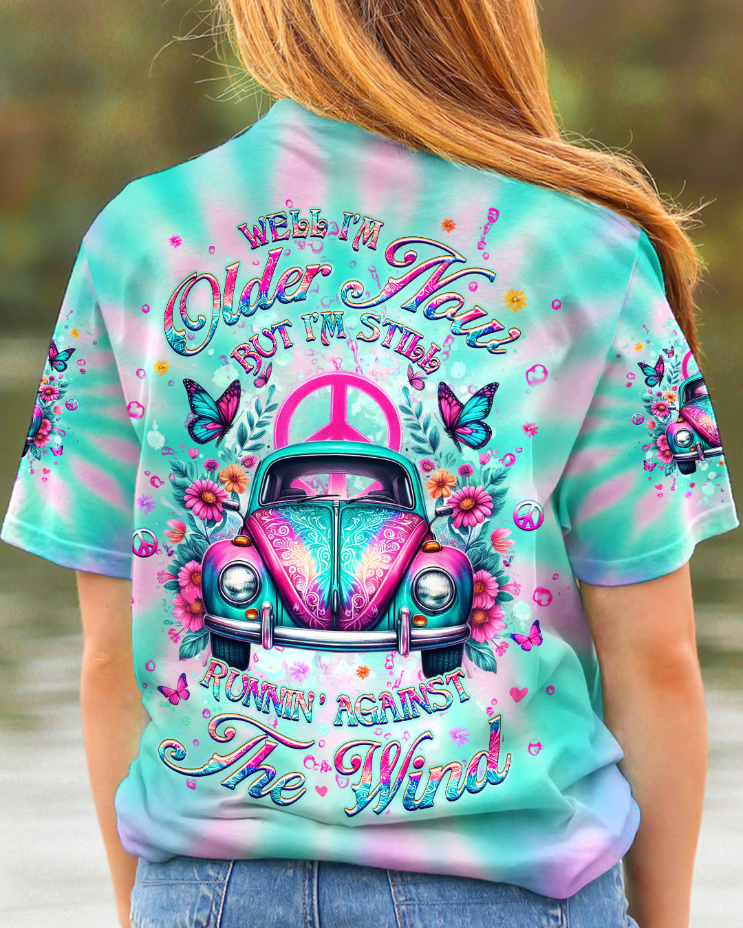 Well I_E2_80_99m Older Now but I_E2_80_99m Still Runnin_E2_80_99 Against the Wind Retro Car Tie Dye Design for Women AOP Shirts _3_ BbJYN
