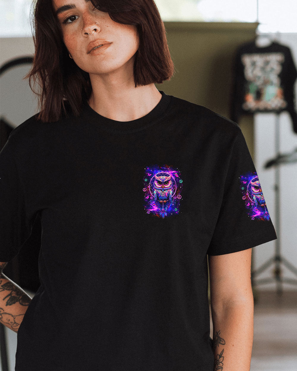 Whisper Words of Wisdom Let It Be Neon Owl Wisdom and Peace Hippie Design AOP Shirts _13_ z7a14