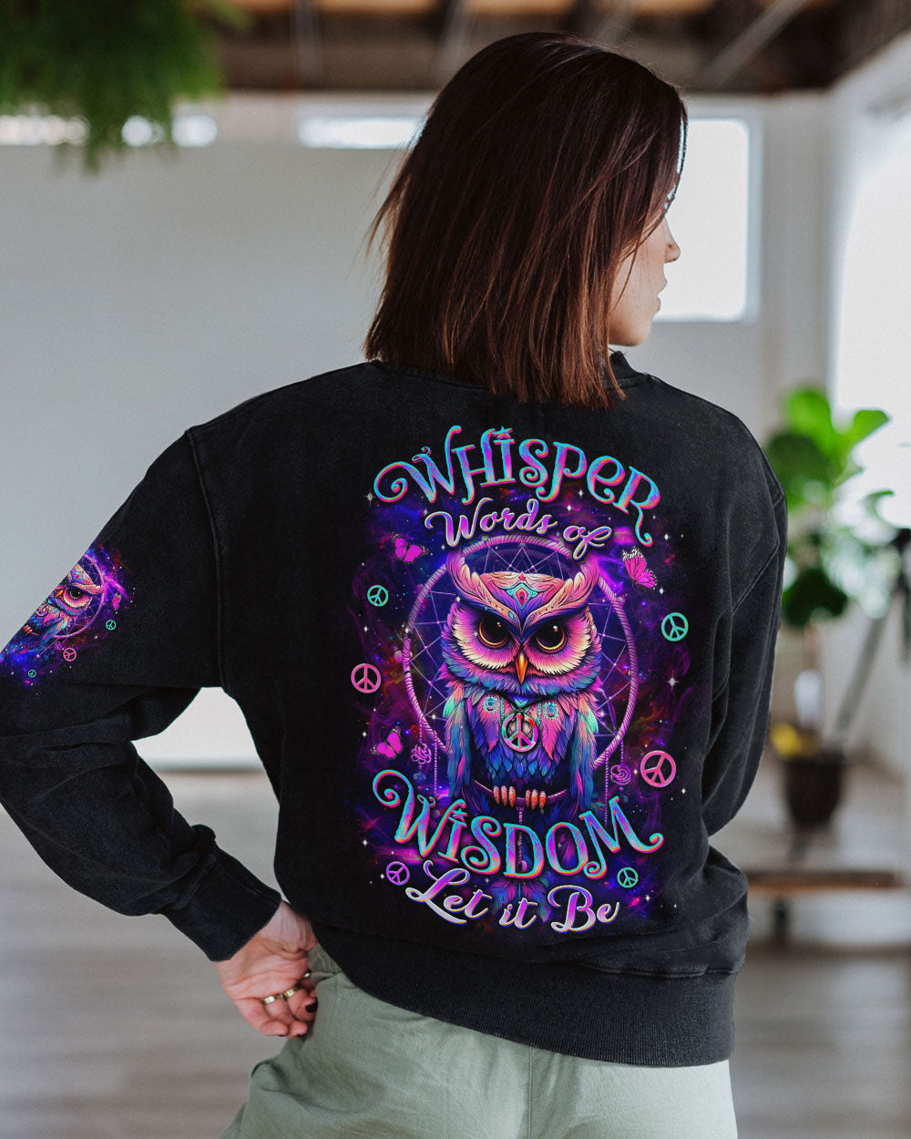 Whisper Words of Wisdom Let It Be Neon Owl Wisdom and Peace Hippie Design AOP Shirts _7_ LcgqU