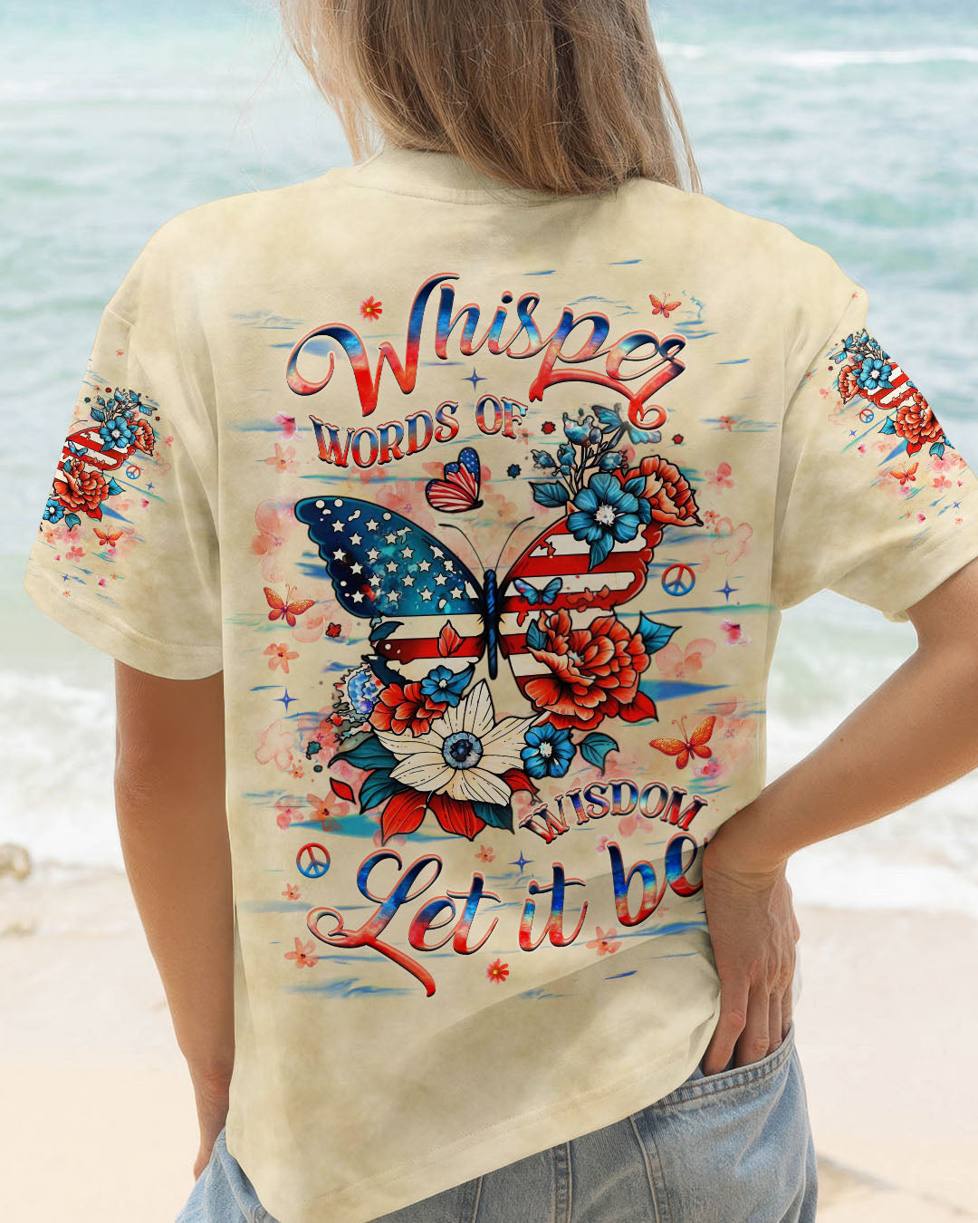 Whisper Words of Wisdom Let It Be Patriotic Butterfly and Floral Peace Sign AOP Shirts _1_ DRPSR