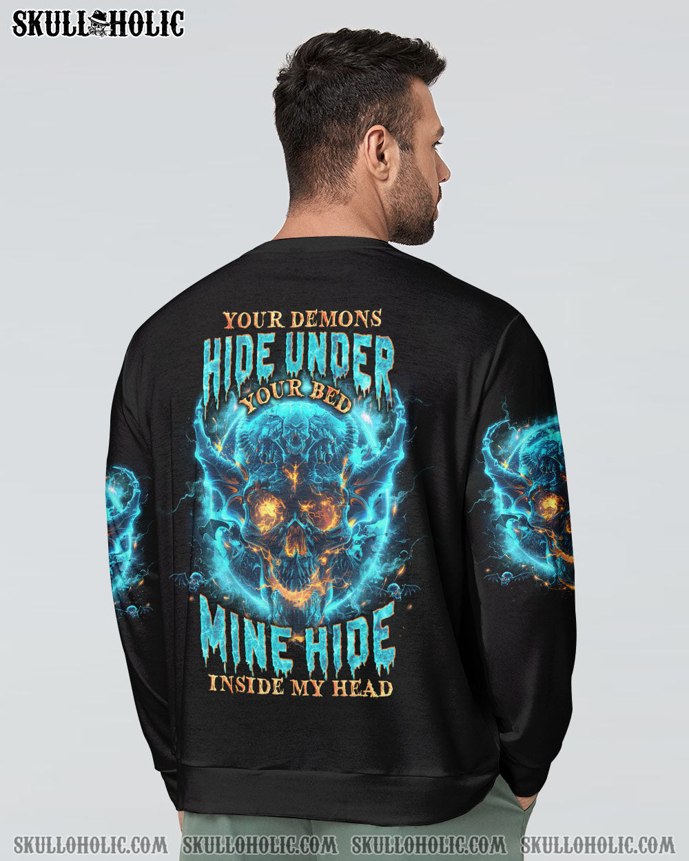 Your Demons Hide Under your Bed Mine Hide in My Head Blue Flame Skull Gothic AOP Shirts _13_ dDFHB