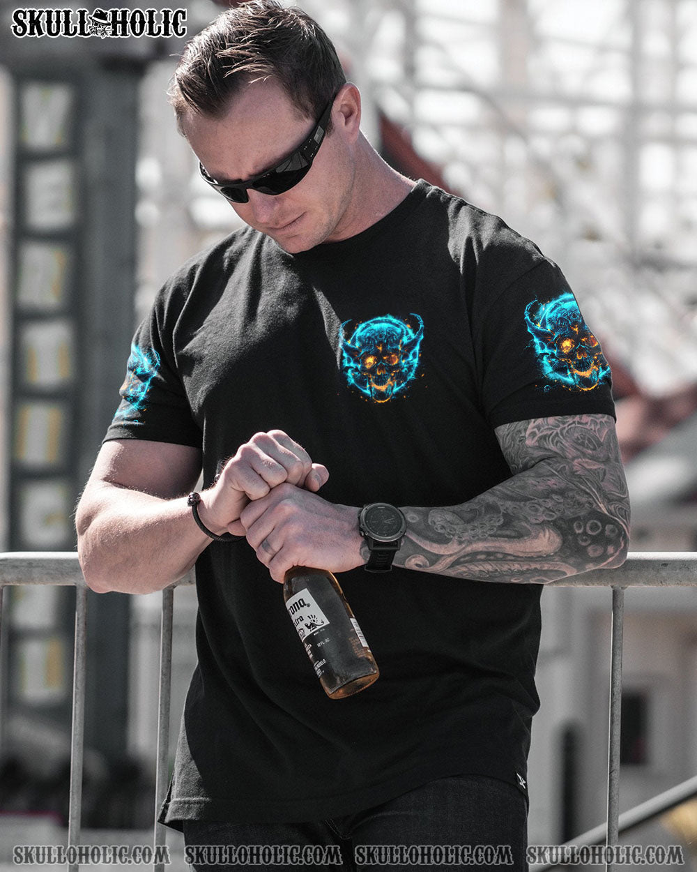 Your Demons Hide Under your Bed Mine Hide in My Head Blue Flame Skull Gothic AOP Shirts _6_ oi5Jc