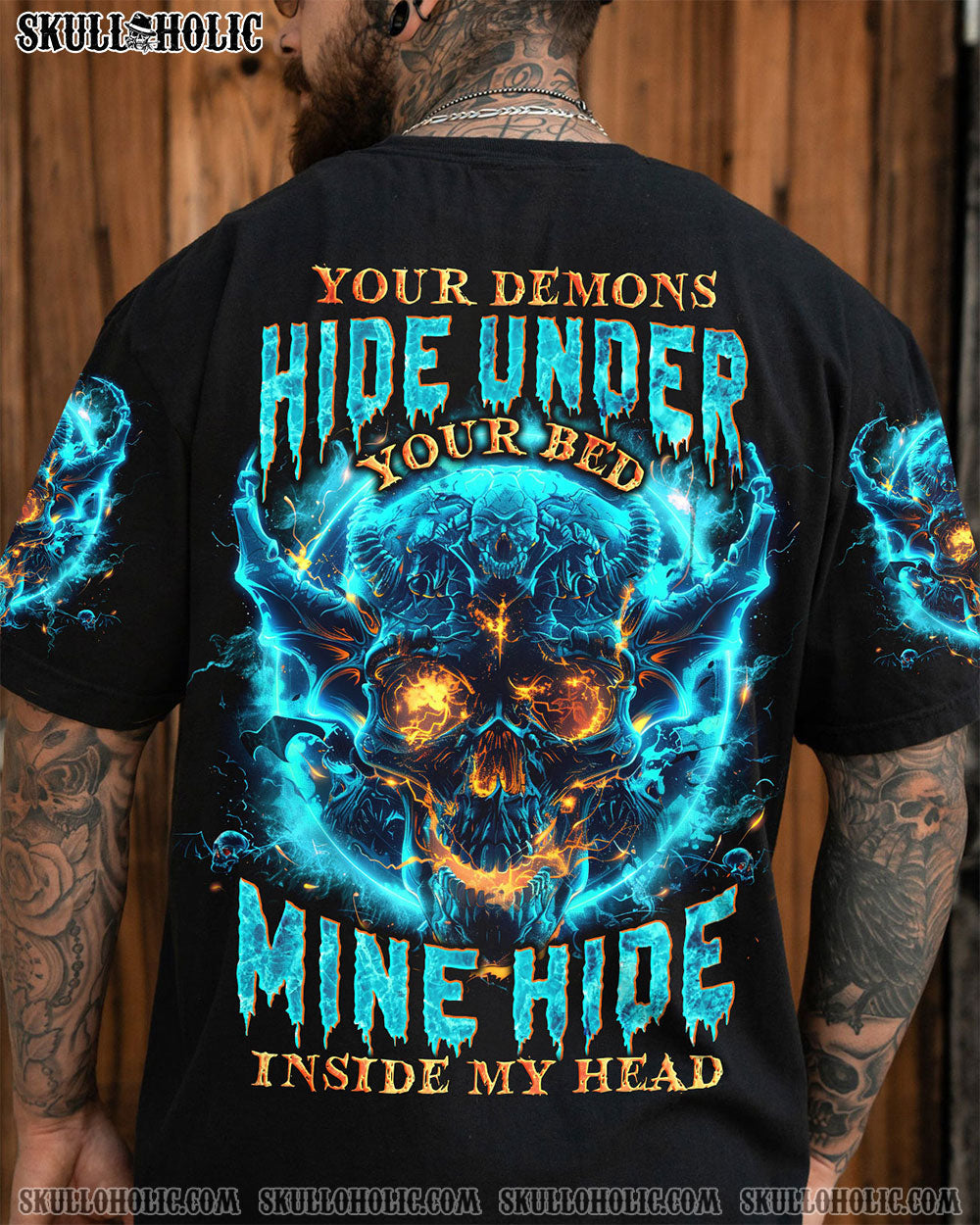 Your Demons Hide Under your Bed Mine Hide in My Head Blue Flame Skull Gothic AOP Shirts _7_ p7vnb