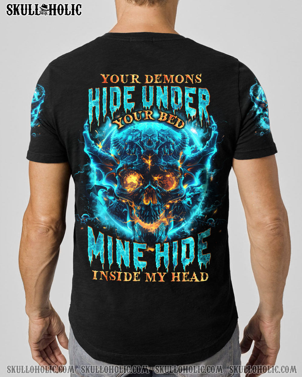 Your Demons Hide Under your Bed Mine Hide in My Head Blue Flame Skull Gothic AOP Shirts _9_ CoZi1