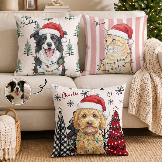 custom pet photo watercolor art christmas winter decor gift personalized pillow 1