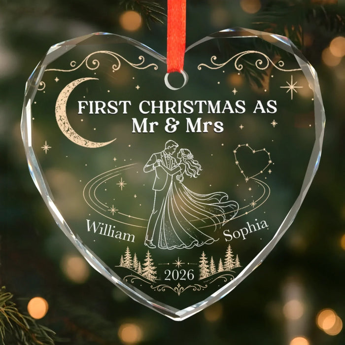Officially Mr & Mrs - Personalized Heart Glass Ornament - Christmas Gift For Couple