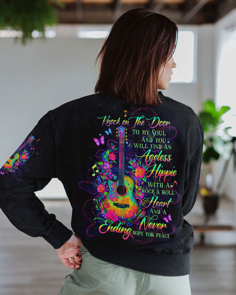 Ageless Hippie Rock and Roll Knock on the Door to My Soul Quote with Guitar AOP Shirts _9_ uSOER