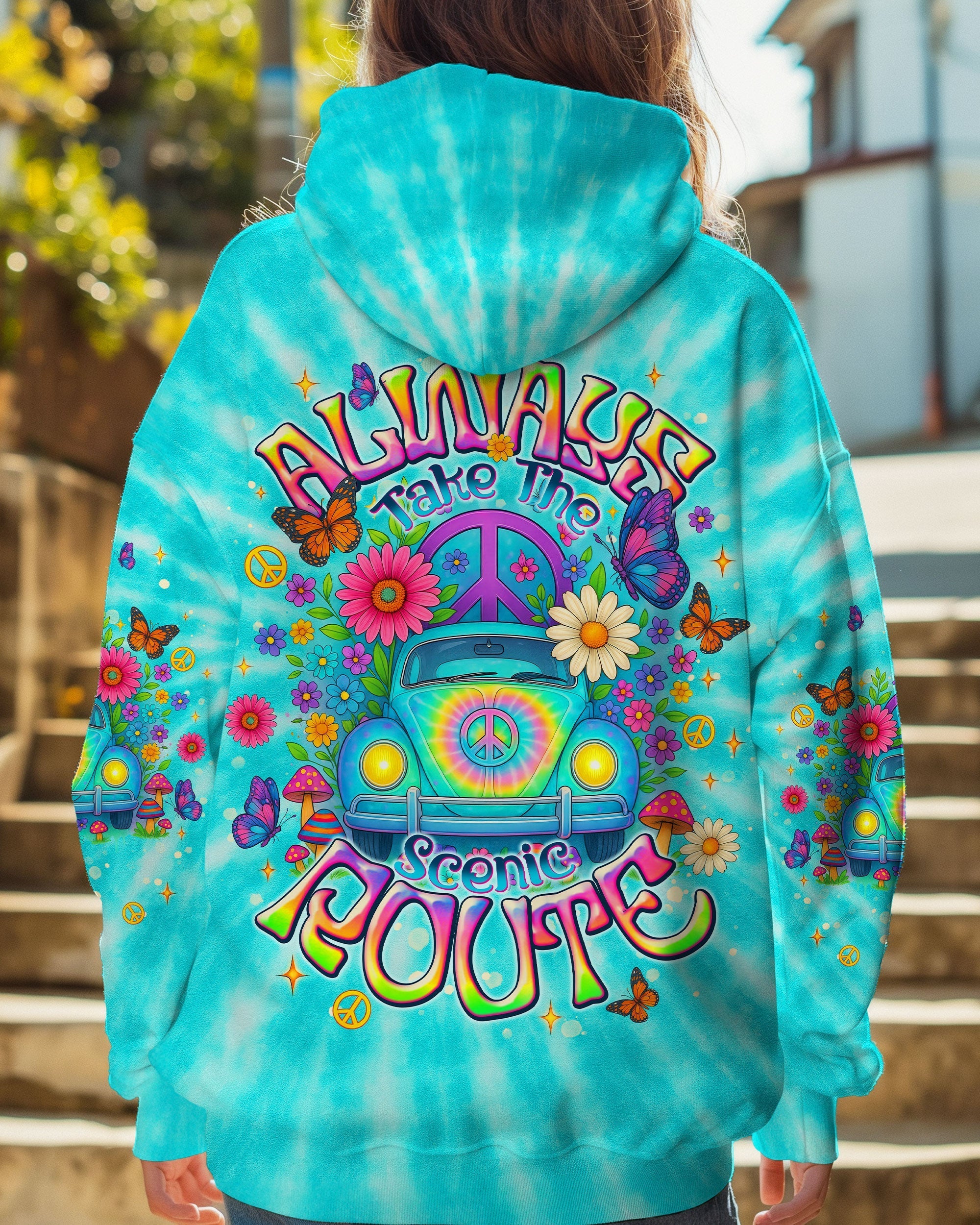 Always Take The Scenic Route Peace Flowers _26 VW Bus Design AOP Shirts _5_ FdpOh