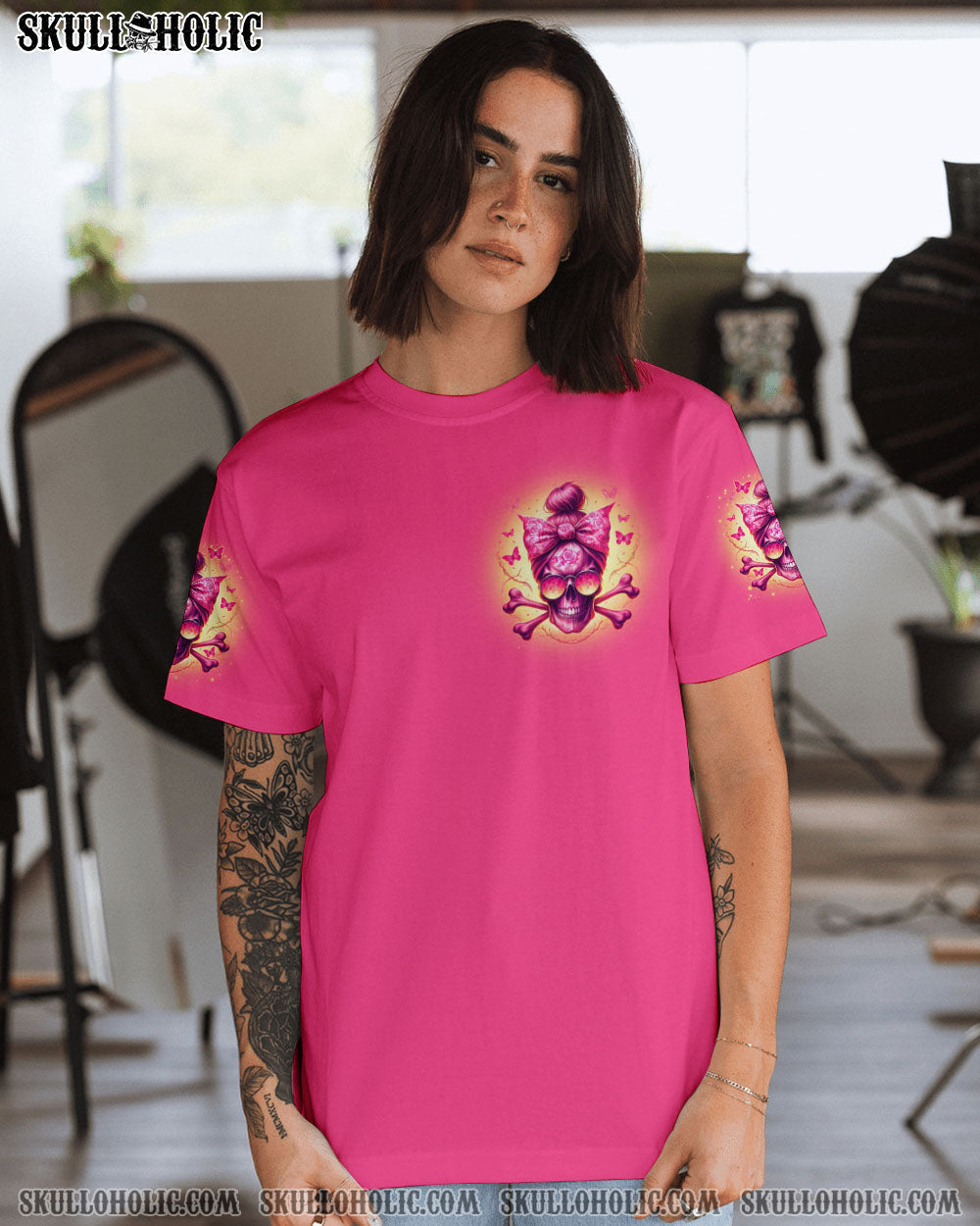 Assuming I Was Like Most Girls was Your Frist Mistake Pink Skull and Bow Graphic AOP Shirts _2_ 7OSkt