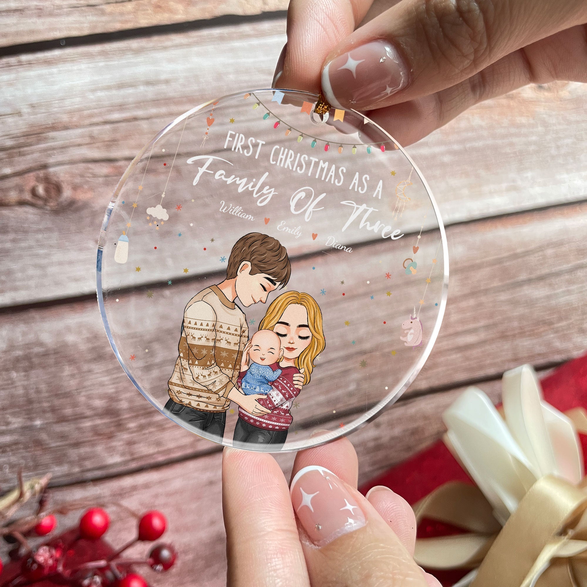 Baby First Christmas As A Family Of Three Personalized Circle Acrylic Ornament_2_994ac532 74e3 4a01 9361 d24dd84c59d2