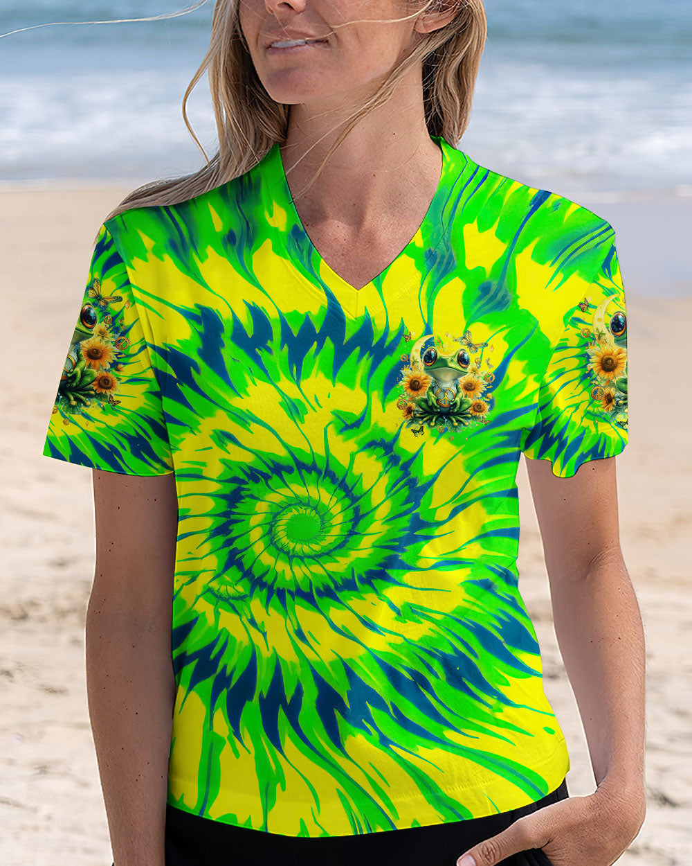 Be Happy Frog Tie Dye Hippie Graphic with Sunflowers AOP Shirts _2_ BbCde