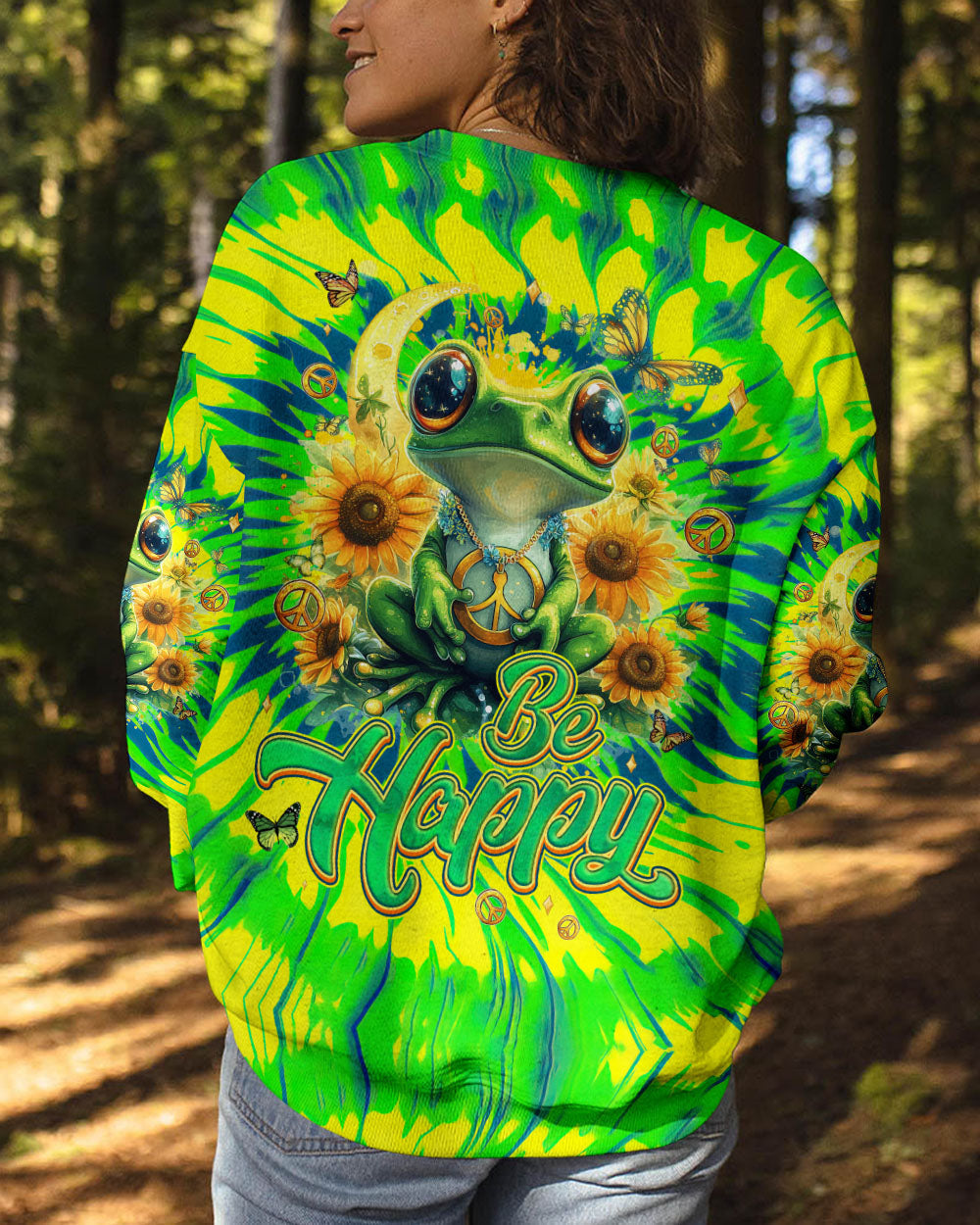 Be Happy Frog Tie Dye Hippie Graphic with Sunflowers AOP Shirts _7_ blcFe