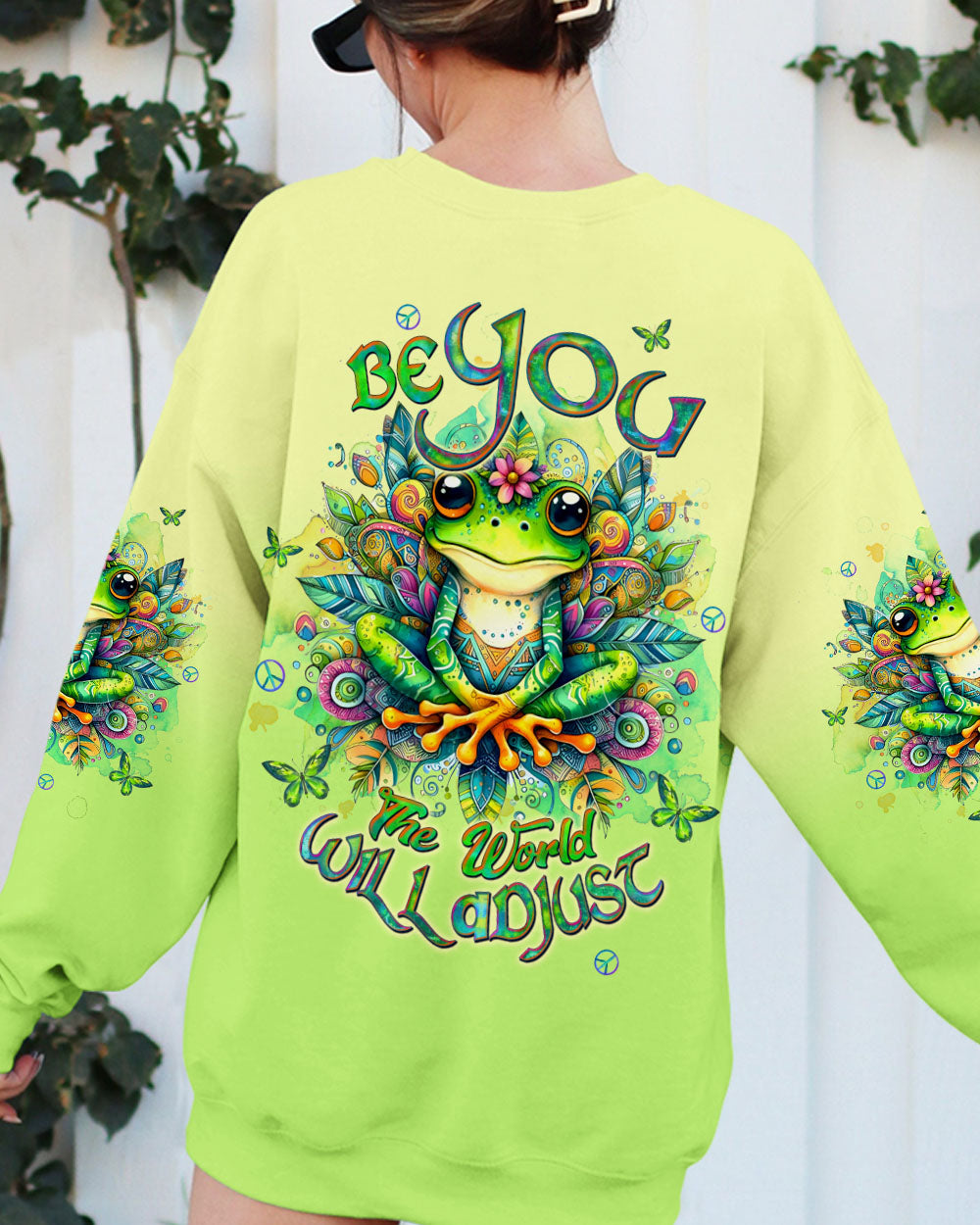 Be You The World Will Adjust Colorful Meditating Frog Graphic AOP Shirts _7_ zs44y