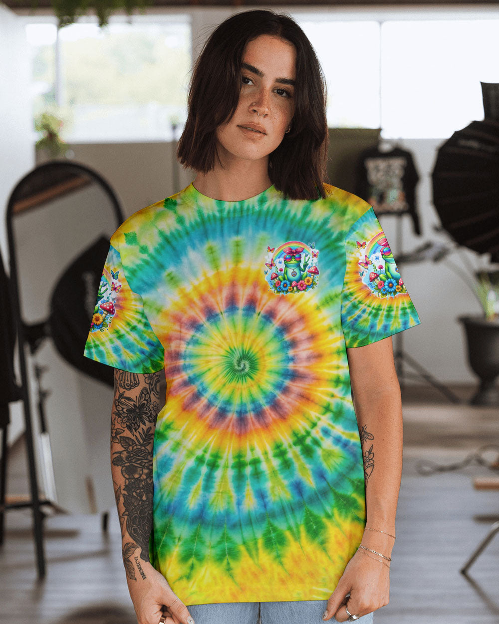 Be You The World Will Adjust Colorful Tie Dye Peace Frog AOP Shirts _10_ j9Pgj