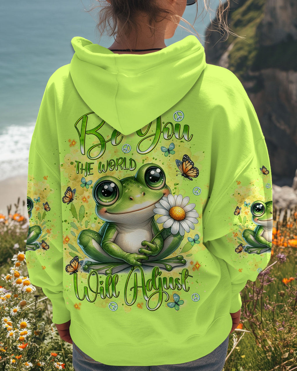 Be You The World Will Adjust Cute Frog and Daisy Green Hippie AOP Shirts _1_ DNYZI