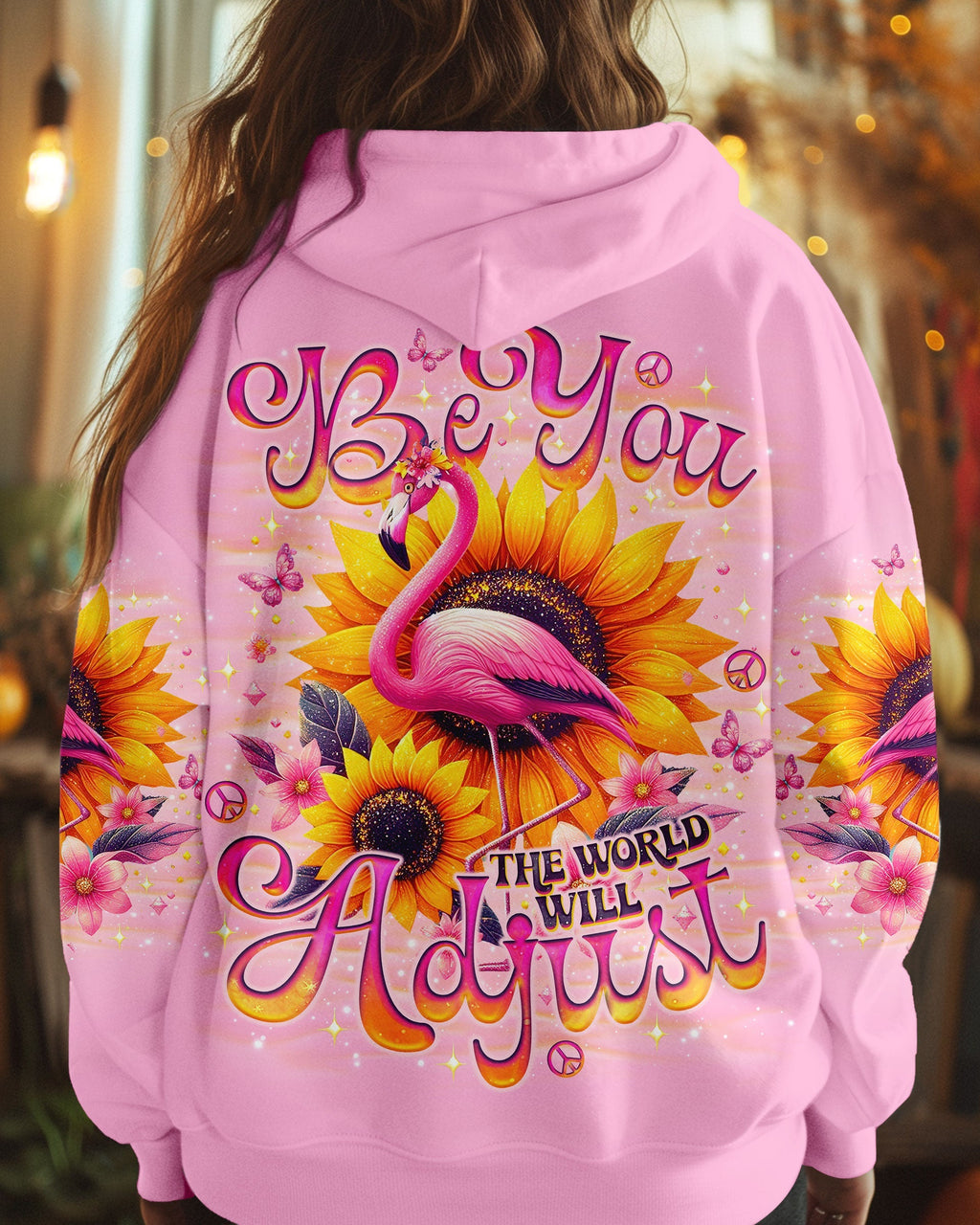 Be You The World Will Adjust Flamingo and Sunflowers Pink Graphic AOP Shirts _1_ 5VbEe