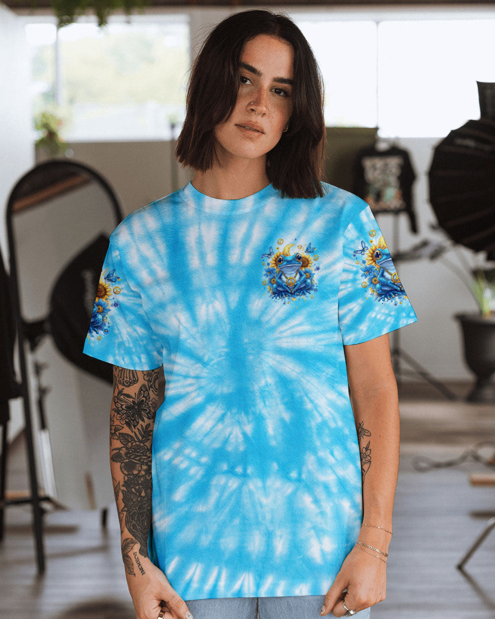 Be You The World Will Adjust Frog Tie Dye Sunflower Graphic AOP Shirts _12_ 6uRHJ