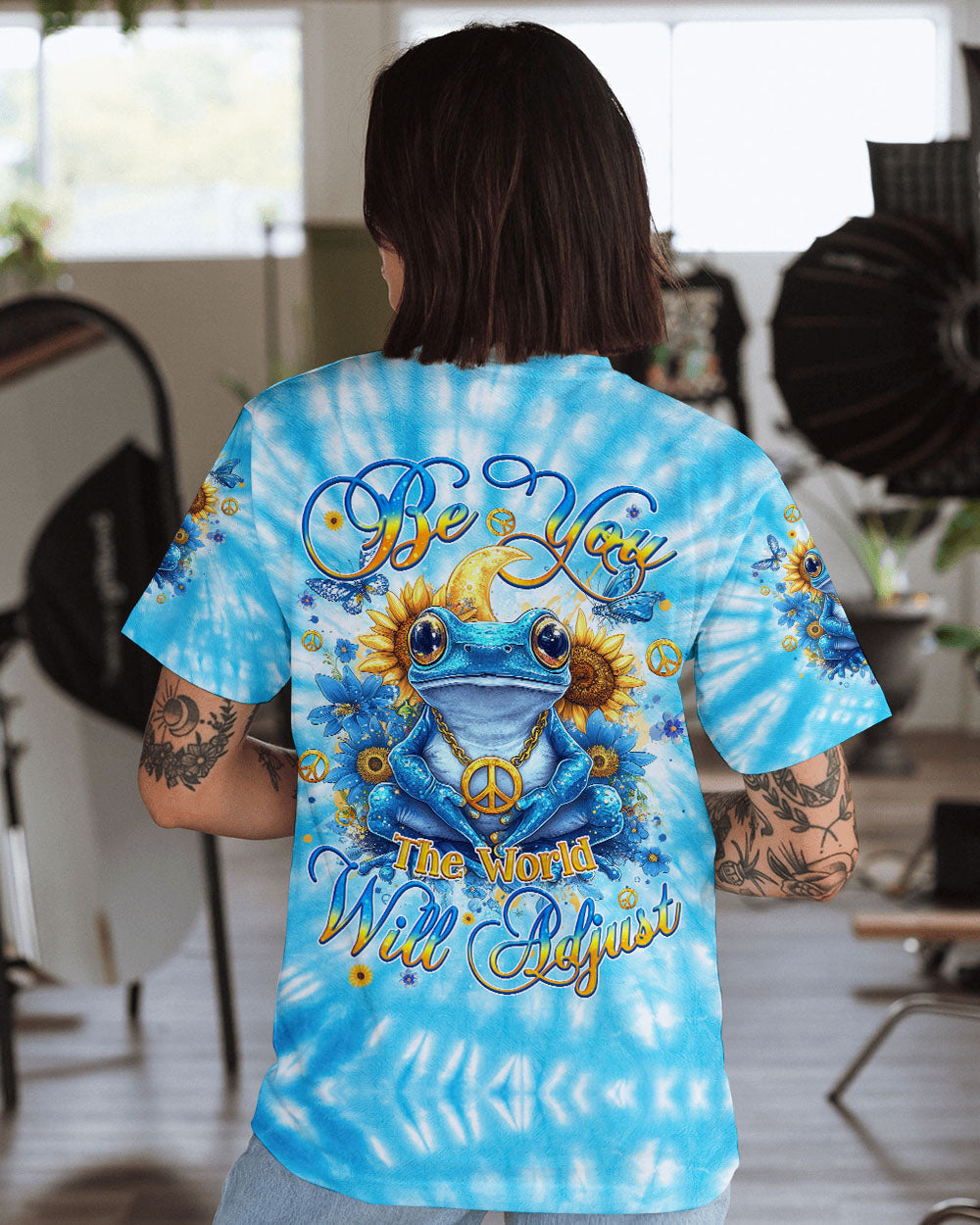 Be You The World Will Adjust Frog Tie Dye Sunflower Graphic AOP Shirts _1_ GyytF