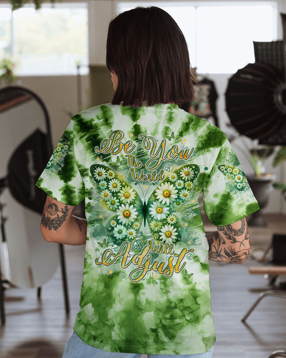 Be You The World Will Adjust Green Daisy Butterfly Tie Dye AOP Shirts _1_ qqzD2
