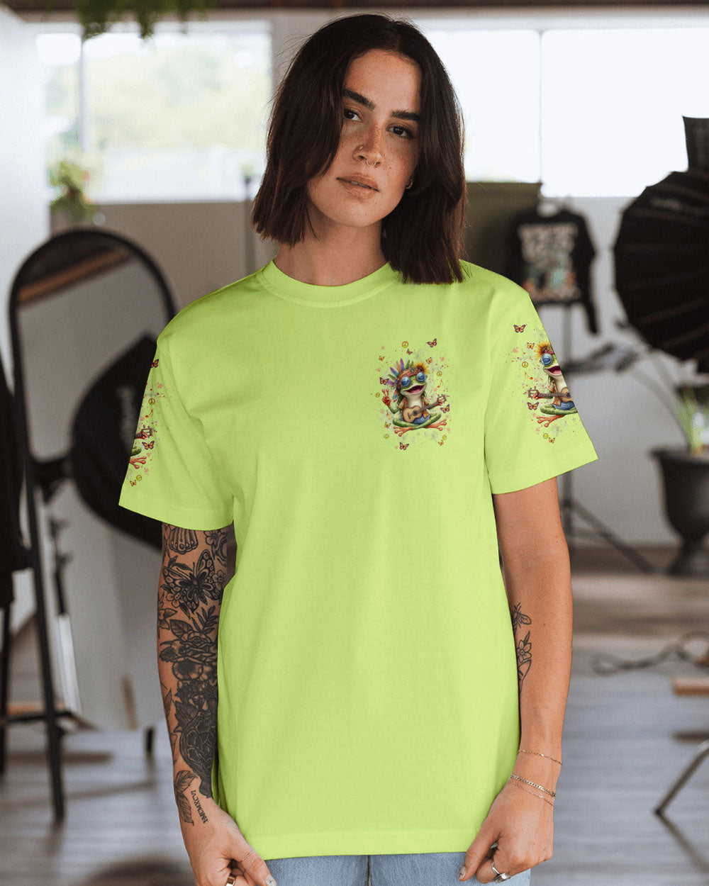 Be You The World Will Adjust Hippie Frog Peace Sign and Guitar Graphic AOP Shirts _13_ vT3Le