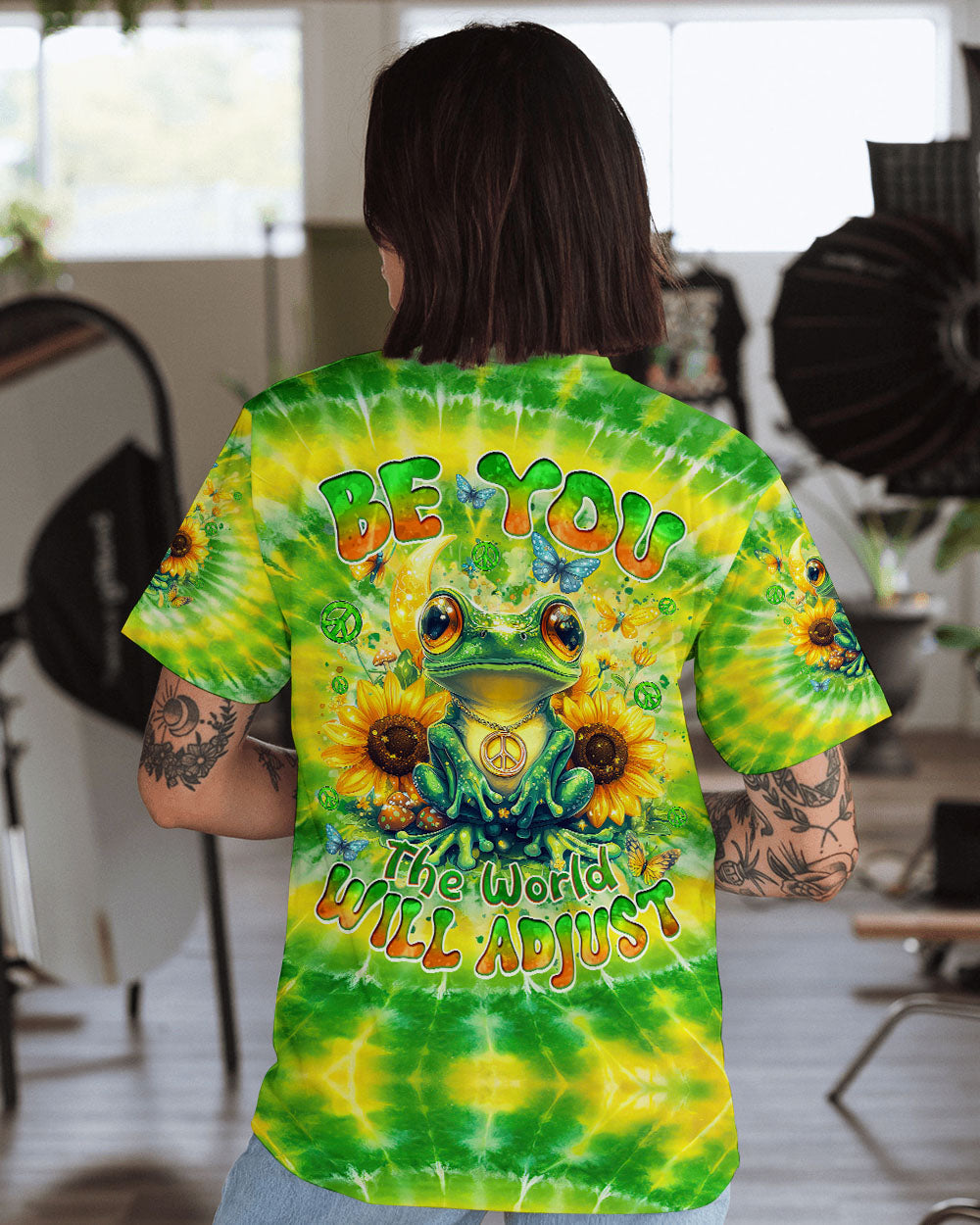 Be You The World Will Adjust Hippie Frog with Sunflowers Tie Dye AOP Shirts _1_ NZoCC