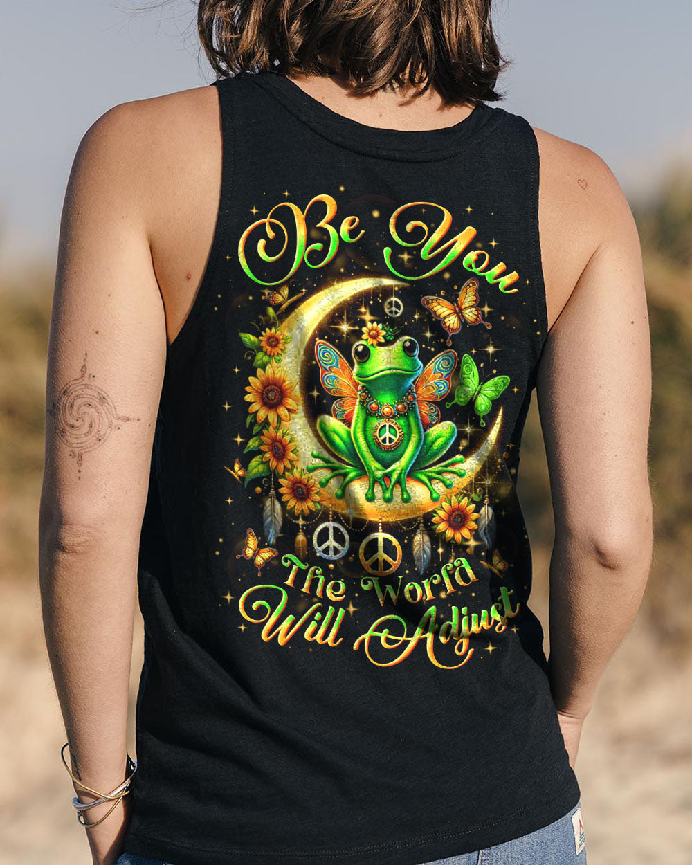 Be You The World Will Adjust Neon Frog with Moon and Butterfly Graphic AOP Shirts _7_ 7q9hC