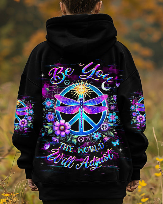 Be You The World Will Adjust Nron Dragonfly and Sun Peace Sign AOP Shirts _1_ pRyFO