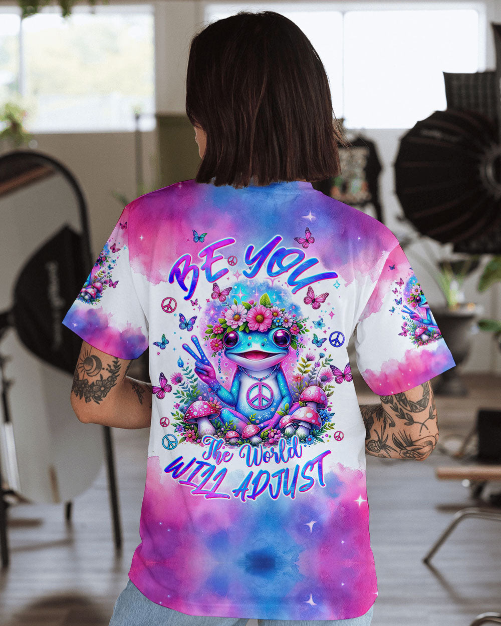 Be You The World Will Adjust Pastel Tie Dye Frog Flowers and Peace Signs AOP Shirts _11_ KIwPR