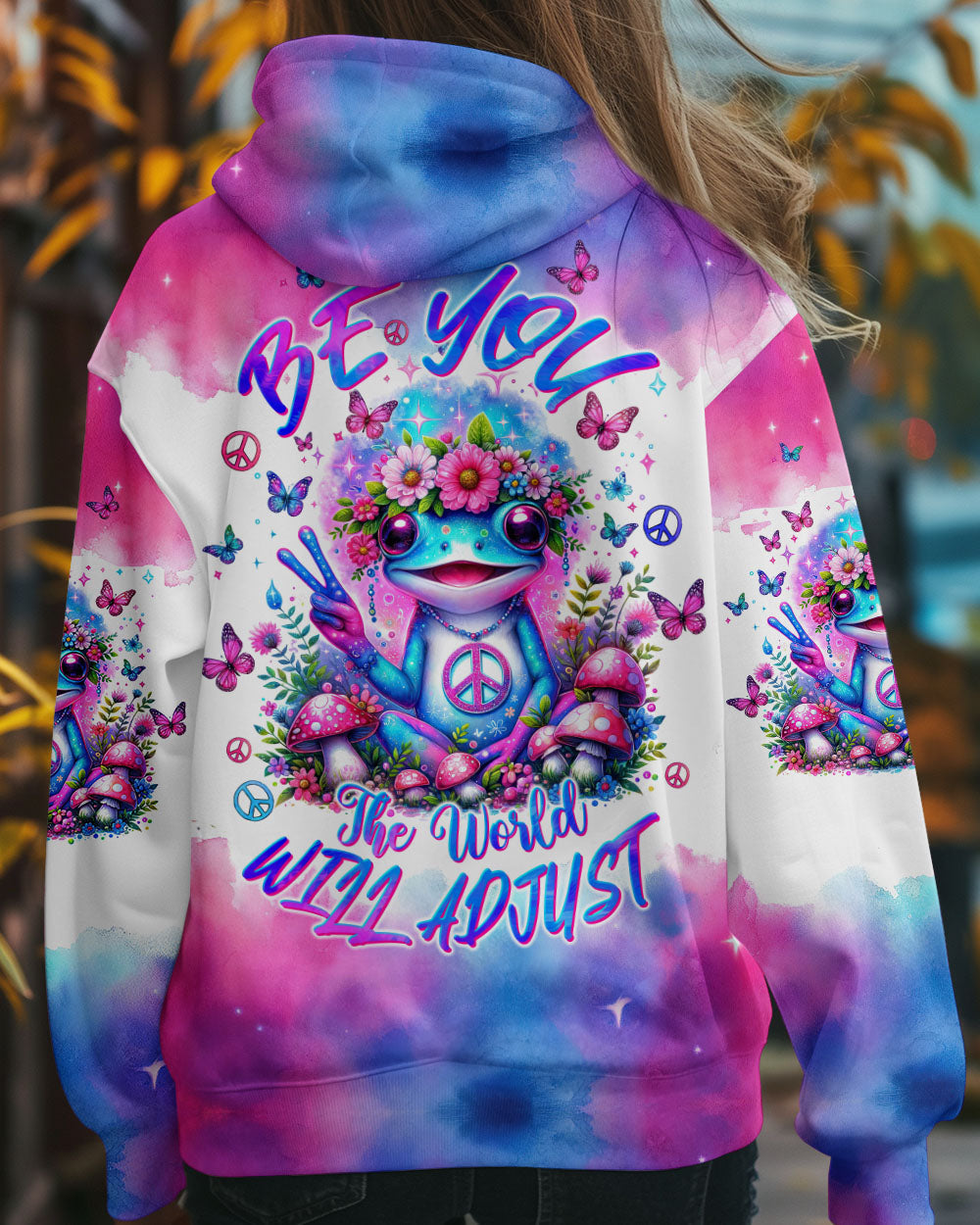Be You The World Will Adjust Pastel Tie Dye Frog Flowers and Peace Signs AOP Shirts _8_ tCskm