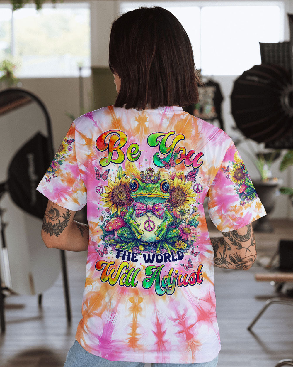 Be You The World Will Adjust Pastel Tie Dye Peace Frog with Sunflowers AOP Shirts _1_ Y4DbW