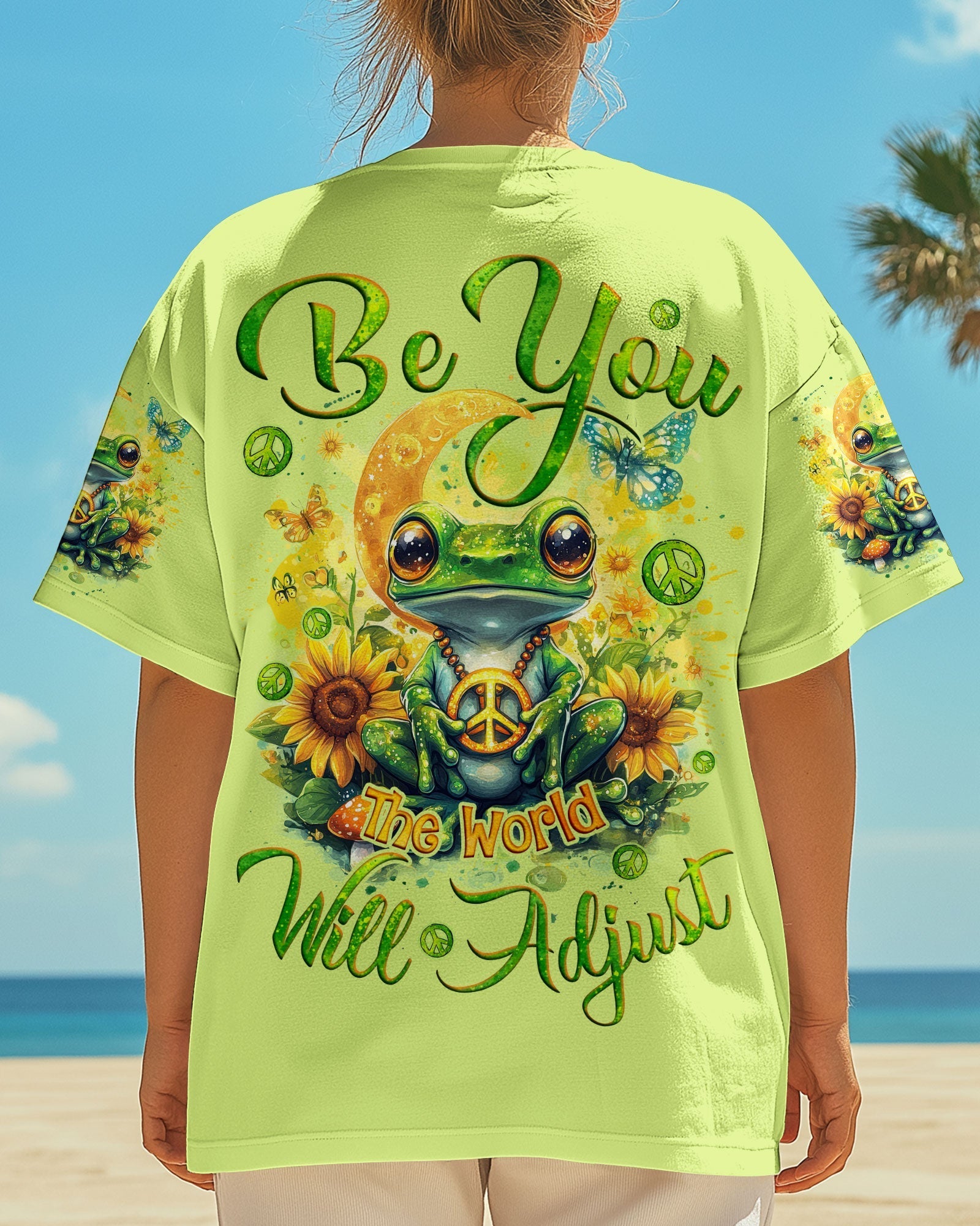 Be You The World Will Adjust Peaceful Green Frog and Sunflower Hippie Style AOP Shirts _3_ gLjBk