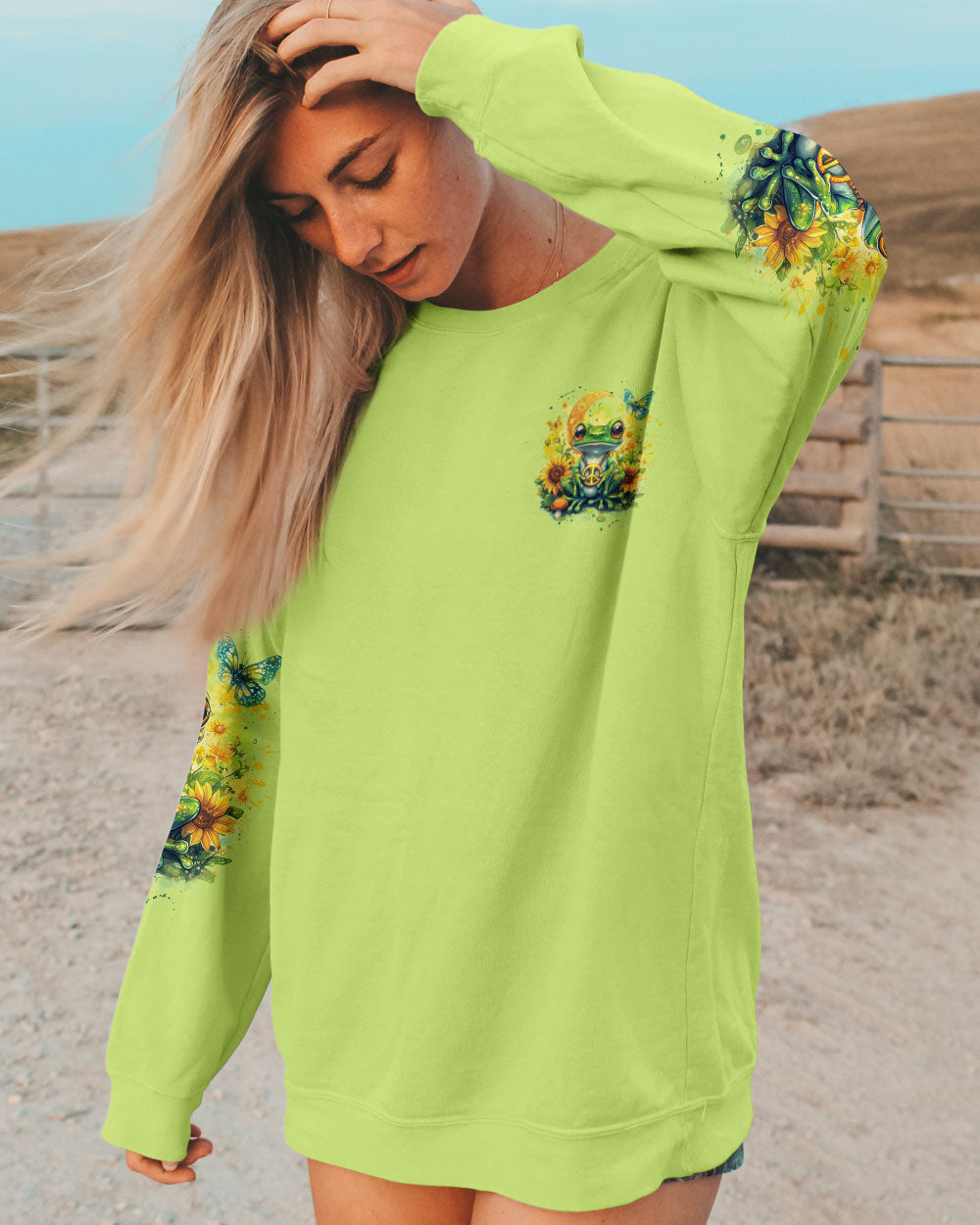 Be You The World Will Adjust Peaceful Green Frog and Sunflower Hippie Style AOP Shirts _8_ yuE6t
