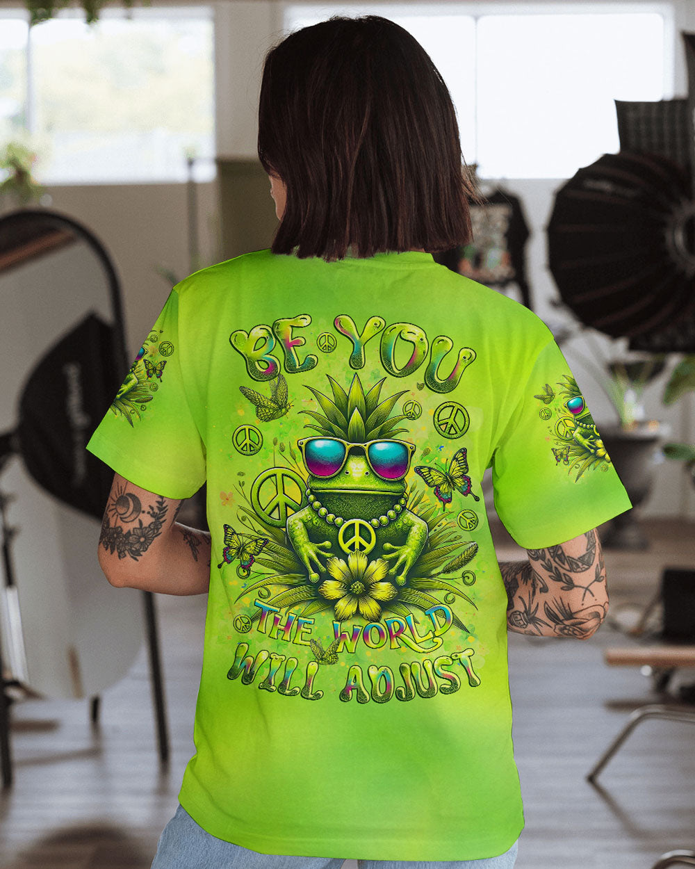 Be You The World Will Adjust Pineapple Frog Neon Green Peace Symbol AOP Shirts _1_ bso6G
