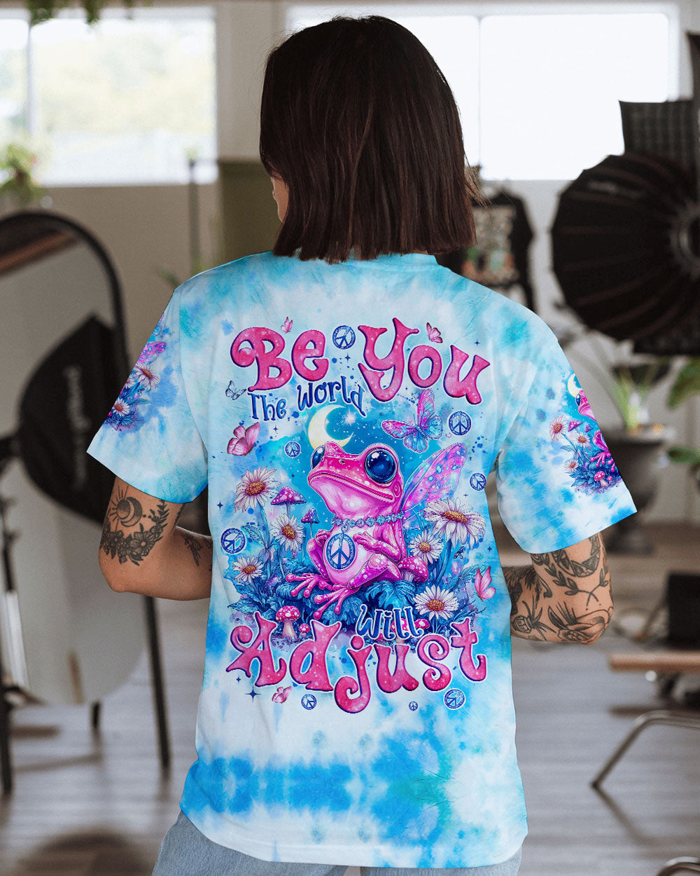 Be You The World Will Adjust Pink Peace Frog and Moon Tie Dye AOP Shirts _1_ Kpw7y