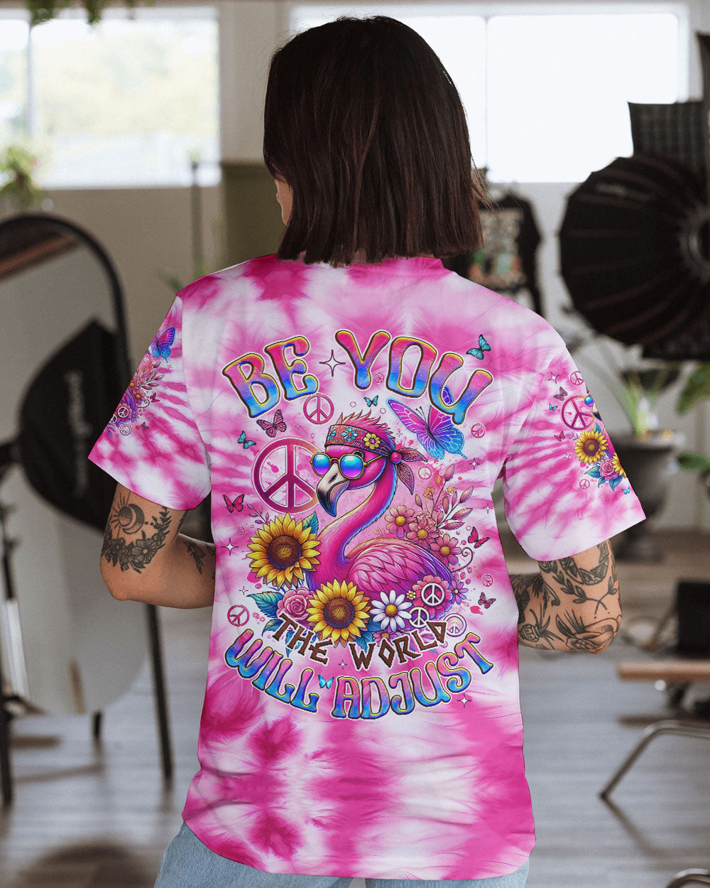 Be You The World Will Adjust Pink Tie Dye Flamingo Hippie Graphic for Women AOP Shirts _1_ FnZF3