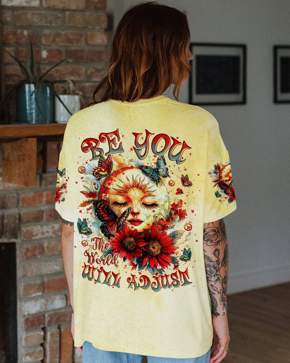 Be You The World Will Adjust Sunflower Face and Butterfly Hippie Floral Graphic AOP Shirts _12_ OJ50N