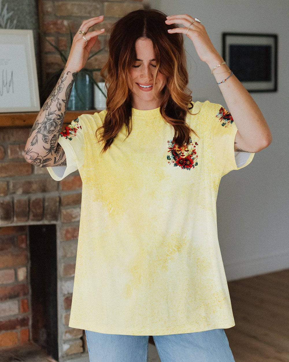 Be You The World Will Adjust Sunflower Face and Butterfly Hippie Floral Graphic AOP Shirts _13_ eYfjH