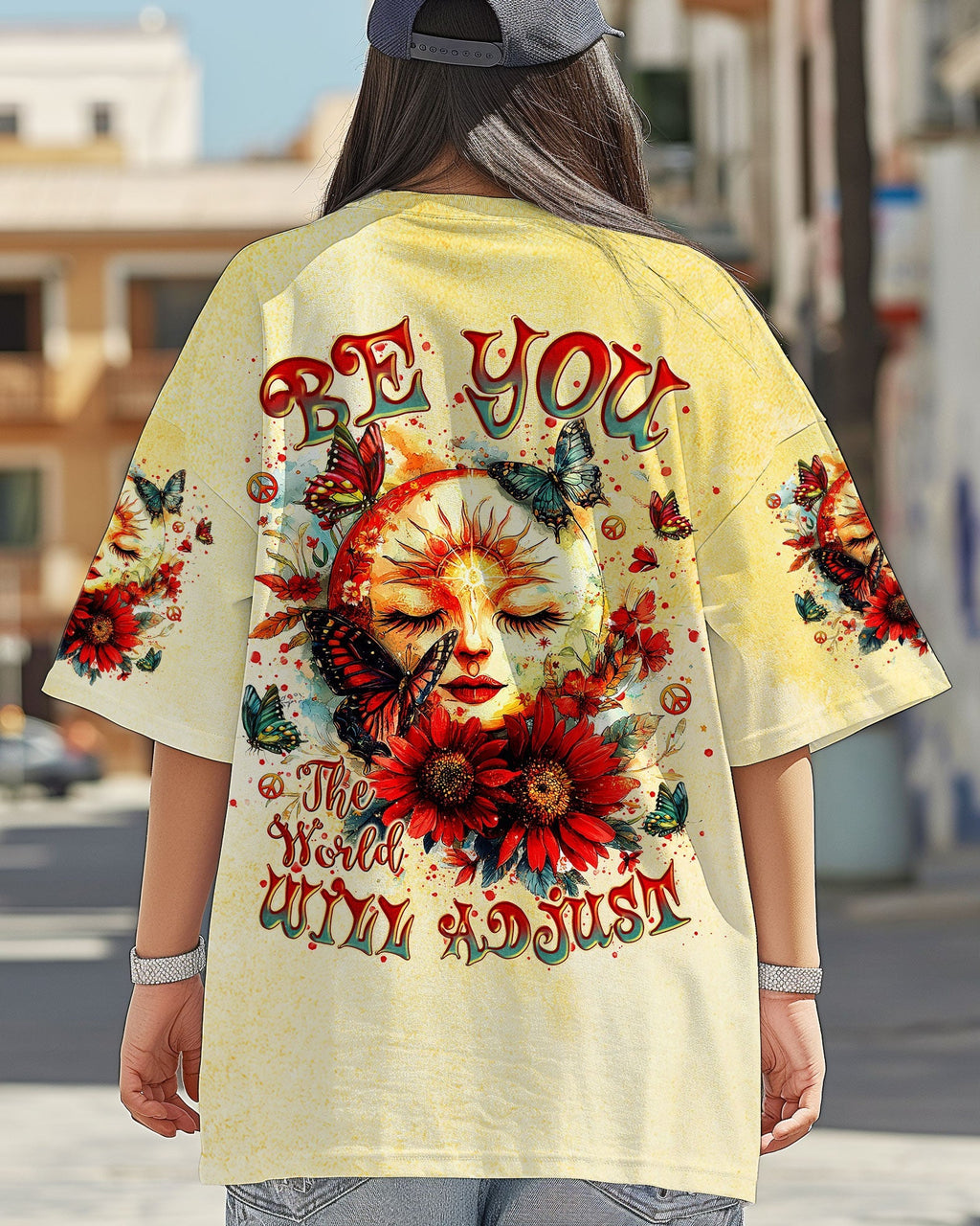 Be You The World Will Adjust Sunflower Face and Butterfly Hippie Floral Graphic AOP Shirts _1_ G5pQi