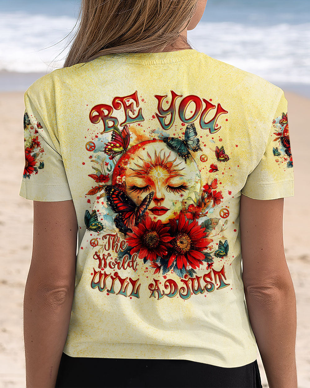 Be You The World Will Adjust Sunflower Face and Butterfly Hippie Floral Graphic AOP Shirts _3_ K8di5