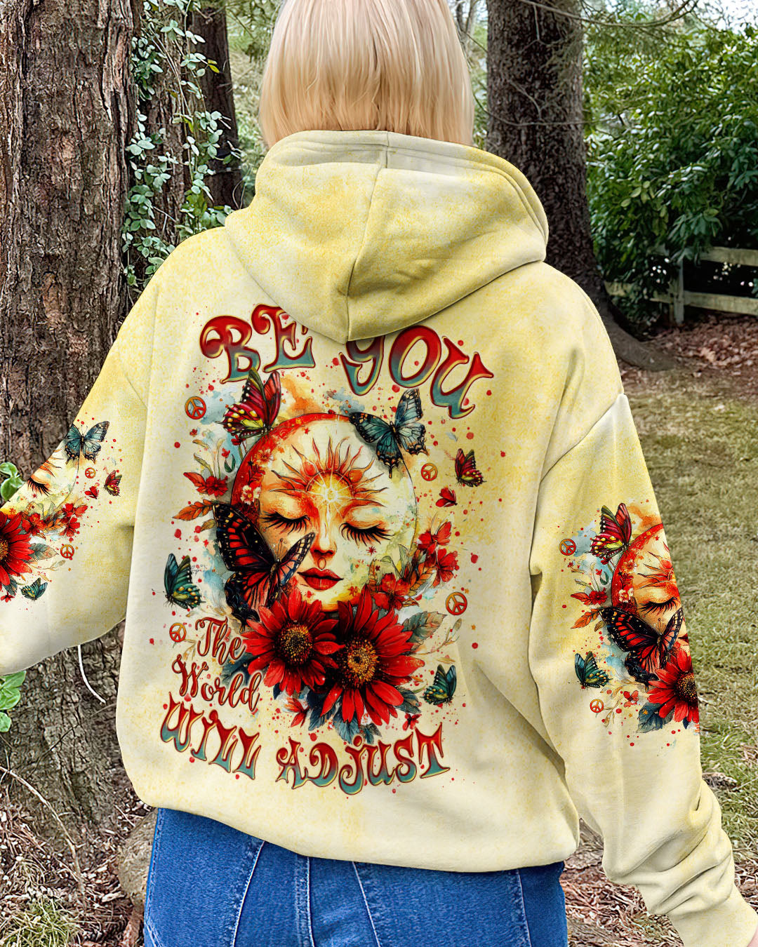 Be You The World Will Adjust Sunflower Face and Butterfly Hippie Floral Graphic AOP Shirts _5_ wwscn