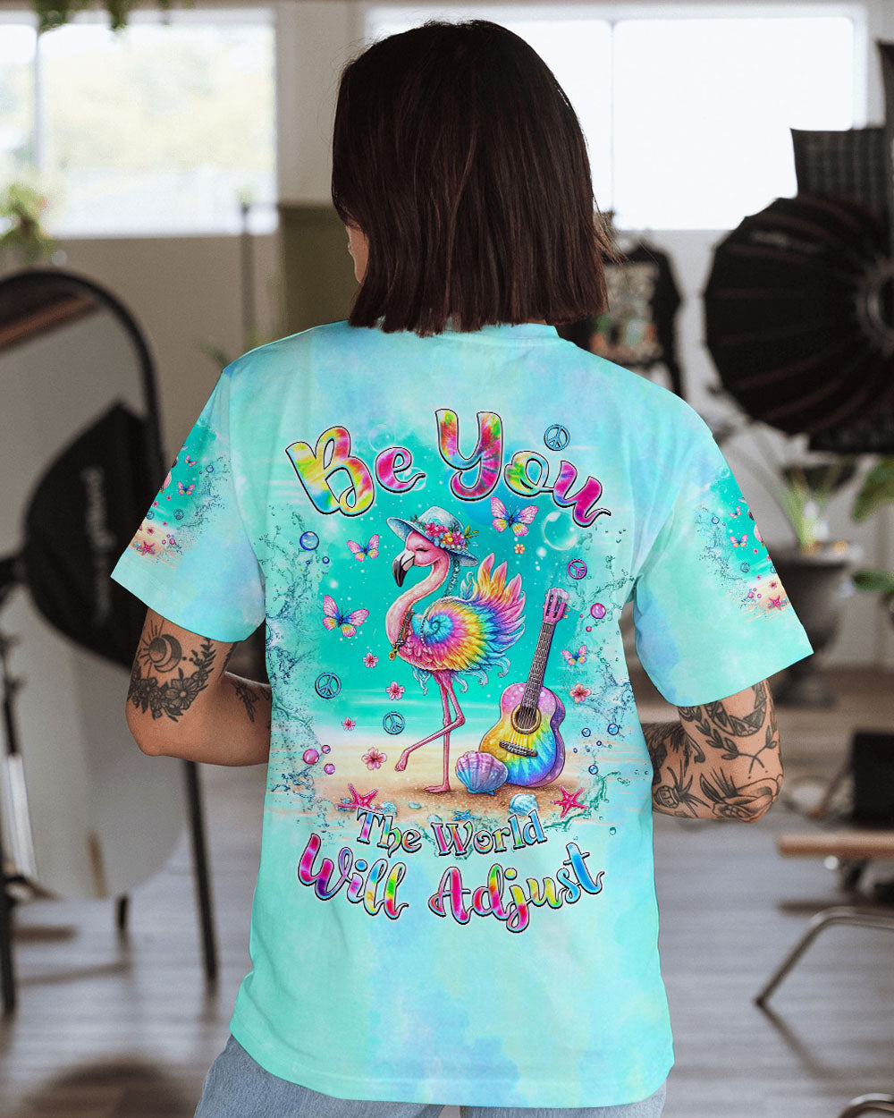 Be You The World Will Adjust Tie Dye Flamingo Beach AOP Shirts _1_ EXsQH