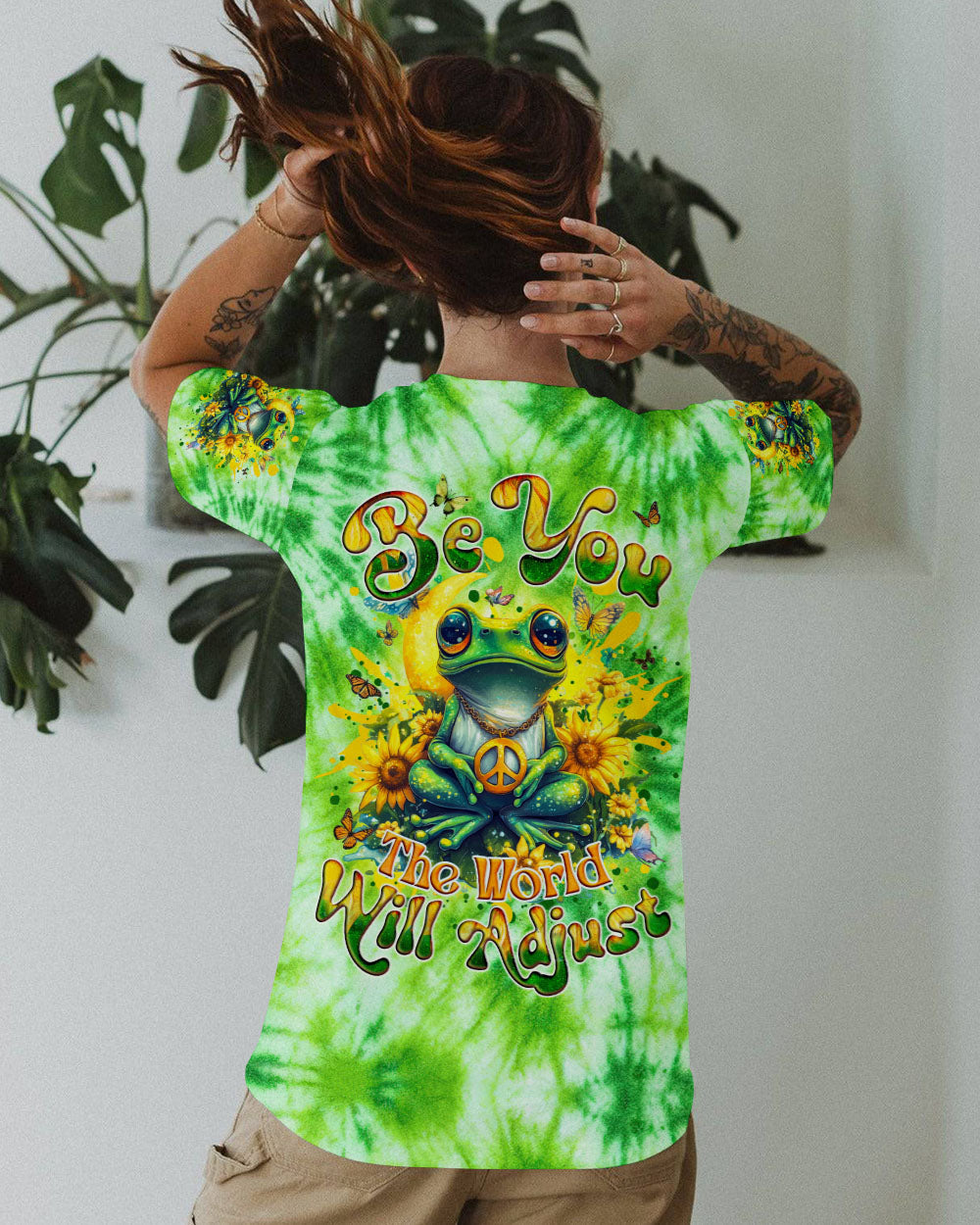 Be You The World Will Adjust Tie Dye Frog with Sunflowers Hippie Graphic AOP Shirts _1_ U6ZIo