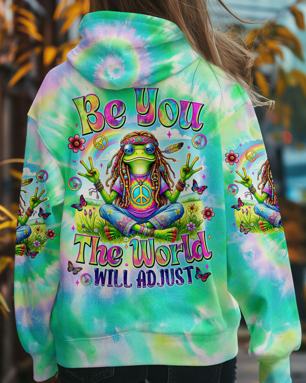 Be You The World Will Adjust Tie Dye Hippie Frog with Peace Symbol AOP Shir _1_ V9Ryf