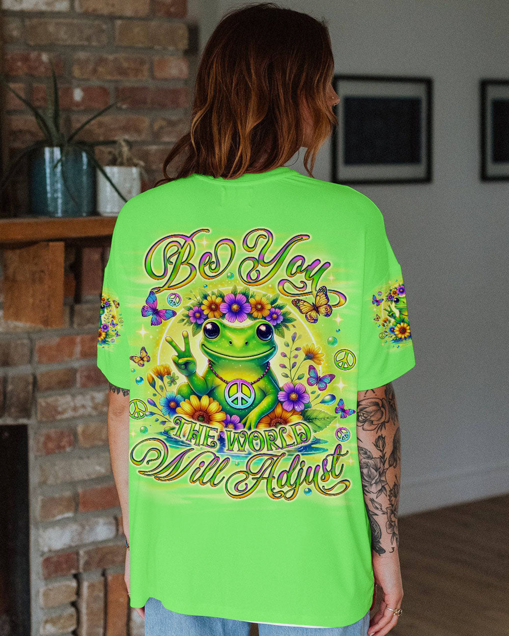 Be You the World Will Adjust Green Frog Cute Peace AOP Shirts _10_ opiGD