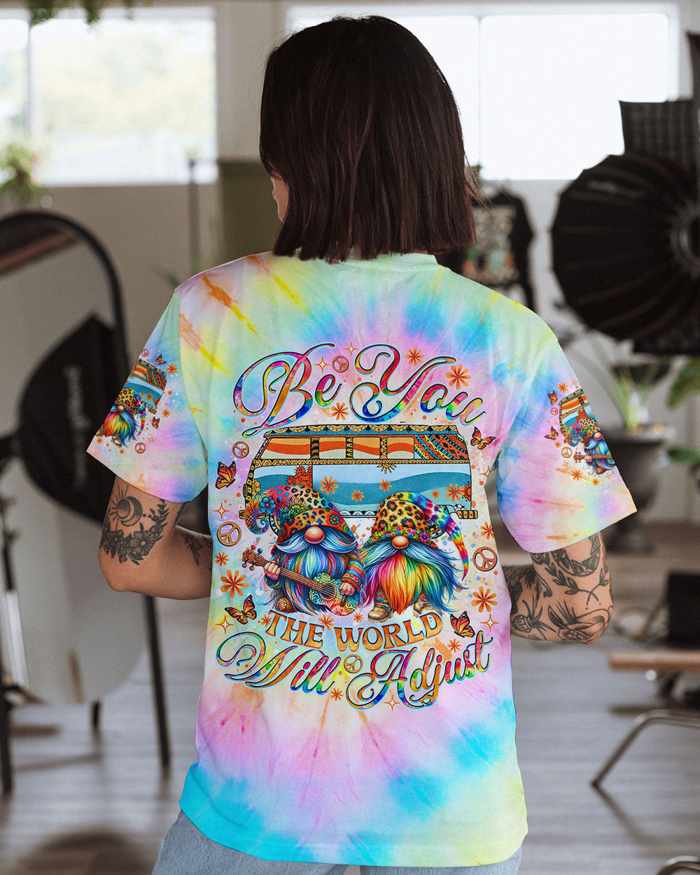 Be You the World Will Adjust Tie Dye Gnome and Van Graphic AOP Shirts _11_ 7BKtL