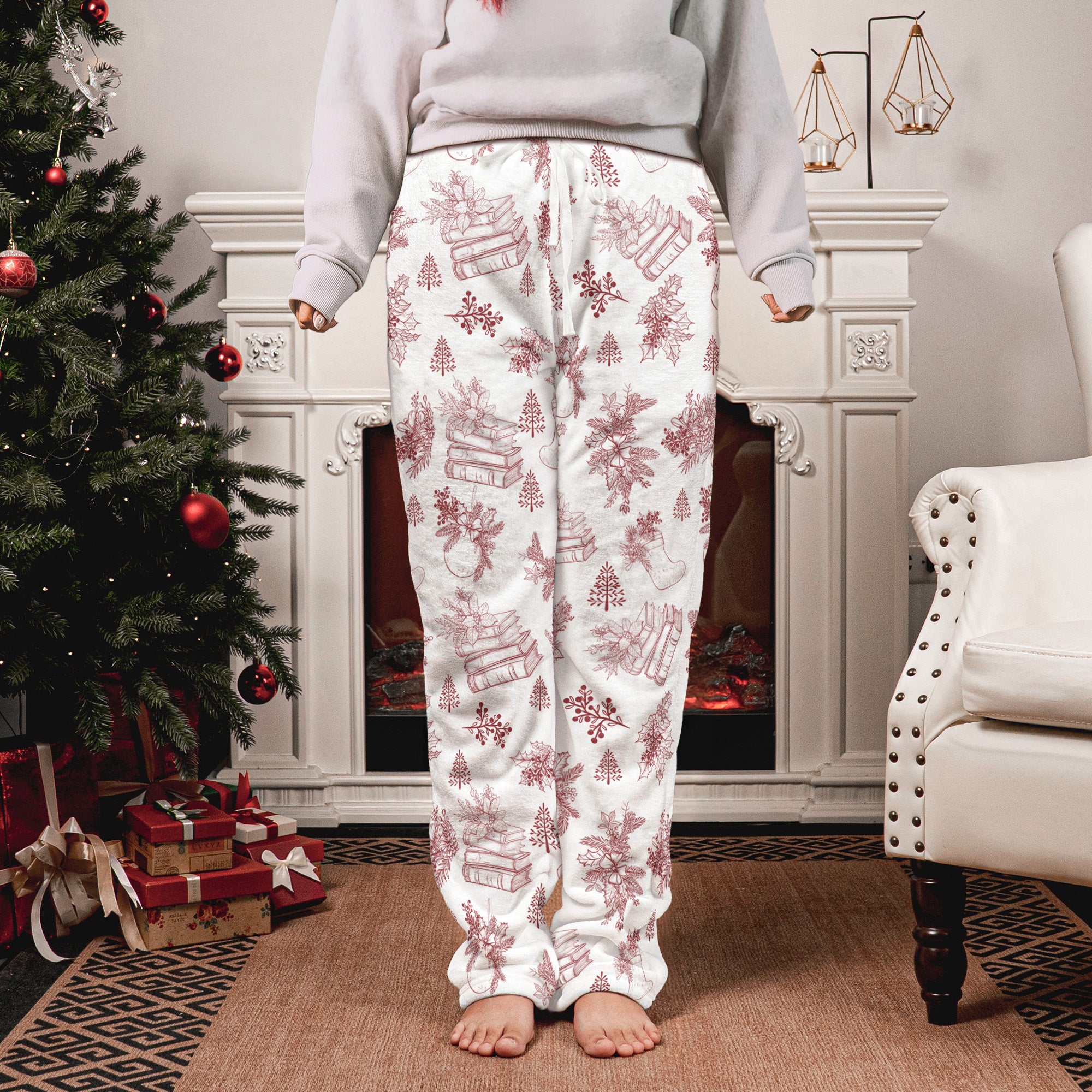 Book Wine Baking Knitting Lover Toile De Jouy Personalized Fleece Pajama Pants_1