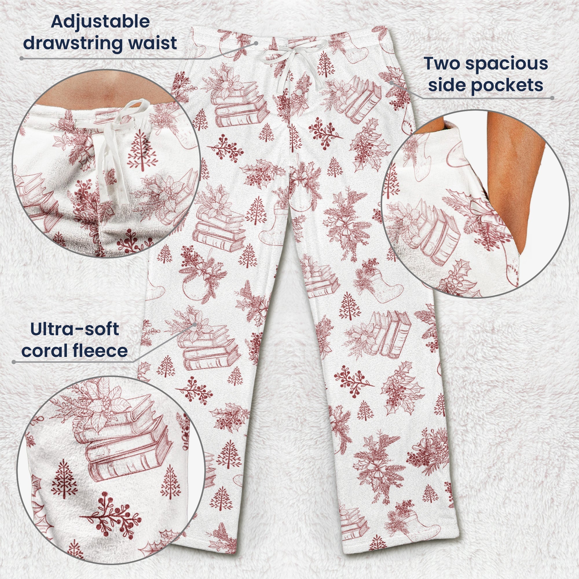 Book Wine Baking Knitting Lover Toile De Jouy Personalized Fleece Pajama Pants_5